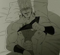 bed black_topwear bracelet broken_heart_earrings dark_skin earrings enjoying hand_on_chest hand_under_shirt holding_shirt holy_shit jean_pierre_polnareff jojo's_bizarre_adventure lifting_shirt light_skin looking_at_viewer lying lying_on_back lying_on_bed mohammed_avdol muscular_male nipples nipples_outside on_bed partially_clothed pillow sheets stardust_crusaders sweat sweaty_body tongue_out top_lift
