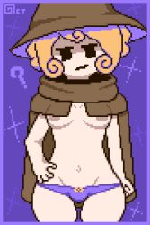 1girls blonde_hair cloak curly_hair exhibitionism female_only mob_face navel octotron2000 panties pixel_art question_mark small_breasts solo solo_female spoken_question_mark underboob witch witch_hat