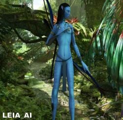 1girls ai_generated alien alien_girl alien_humanoid alien_only arrow athletic athletic_female avatar black_hair blue_skin body_markings bow bow_and_arrow leaves leia_ai loincloth na'vi navel necklace neytiri outdoors photoshop plant solo solo_female solo_focus standing tail trees water