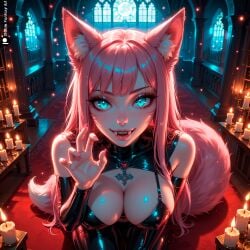 1girls ai_generated big_breasts breasts cameltoe curvy feet female female_focus fox_ears fox_girl fox_tail furry halloween halloween_costume innocent kitsune looking_at_viewer looking_shy melissa_(stblfantasy) original original_character pink_hair pussy seated solo stable_diffusion stblfantasy teeth thick_thighs thighs turquoise_eyes vagina vampire vampire_girl young_female