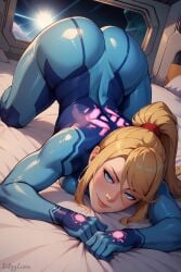 ai_generated arched_back ass ass_up big_ass ditzyluna female light-skinned_female light_skin metroid samus_aran smile solo solo_female thick_thighs voluptuous voluptuous_female zero_suit_samus