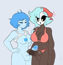 2futas areolae balls big_breasts big_penis blue_hair blue_skin bra breasts clothed clothing criss-cross_shlongs dark-skinned_futanari dark_skin diders duo erection frottage futa_on_futa futa_only futanari ghost ghost_girl heart hearts human humanoid humanoid_penis mario_(series) mask mostly_nude nintendo nipples nude original_character panties penis penises_touching precum shirt_up shy_gal standing