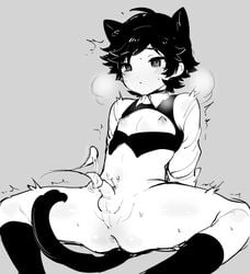 anus ass black_hair black_legwear black_socks blush bottomless cat_boy cat_ears cat_tail catboy cute_male echi_echi_tk exposed_nipples exposed_penis femboy omori omori_(character) perineum revealing_clothes short_hair small_penis socks spread_legs tickling tickling_penis