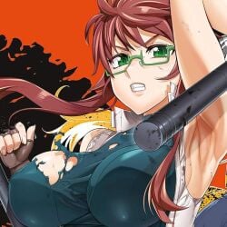 armpits brown_hair color female female_focus female_only glasses gloves green_eyes huge_breasts looking_at_viewer manga manga_cover nipple_bulge satou_shouji suzue_konomi torn_clothes triage_x weapon