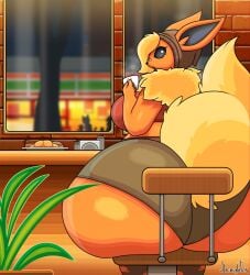 anthro ash_(void_dew) ass baked_goods bandage bandage_on_face bandage_on_nose beanie big_breasts big_butt big_tail blonde_hair bottomwear breasts cafe chair clothing container crop_top cup detailed_background eeveelution female flareon fluffy fluffy_tail furniture generation_1_pokemon hair hat headgear headwear hi_res holding_object huge_butt hyper hyper_butt jhenightfox leggings legwear looking_back napkin_holder neck_tuft nintendo open_mouth orange_body plant pokemon pokemon_(species) shirt shorts sitting solo surprised_expression tail topwear torn_clothing torn_leggings torn_legwear tree tuft window