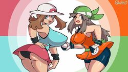 16:9_aspect_ratio 2girls alternative_bust_size alternative_costume areolae armpits ass bandana black_underwear blue_eyes breasts brown_hair clothing clothing_swap erect_nipples female female_only gloves high_resolution huge_breasts human jacket large_breasts leaf_(pokemon) leaf_(pokemon)_(cosplay) long_hair looking_at_viewer may_(pokemon) may_(pokemon_emerald) may_(pokemon_emerald)_(cosplay) multiple_girls nintendo nipples one_eye_closed open_mouth pokemon pokemon_(game) pokemon_character pokemon_frlg pokemon_rse pose shirt short_hair shorts skirt skitterleaf smile standing tank_top thick_thighs thighs underwear wide_hips