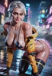 ai_generated ass breasts cd_projekt_red ciri cyberpunk_2077 female green_eyes juliensecond light-skinned_female looking_at_viewer mascara night_city raining scar solo swimsuit the_witcher_(series) the_witcher_3:_wild_hunt wet_body white_hair