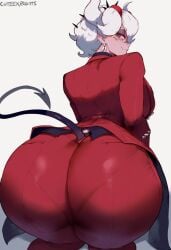 1boy 1girls ai_generated ass beelzebub_(helltaker) big_ass cutesexyrobutts_(style) helltaker horns huge_ass huge_breasts looking_at_viewer pantylines red_dress red_eyes tail thiccwithaq_(ai_style) thick_ass thick_thighs white_hair