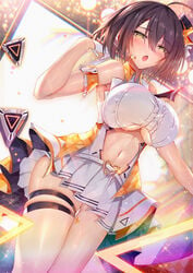 :o azur_lane baltimore_(azur_lane) blush breasts brown_hair clothing hat high_resolution hinot inoue_takuya_(pixiv_99697) large_breasts looking_at_viewer microphone navel short_hair singing skirt sweat thigh_gap thighs topwear underboob uniform yellow_eyes