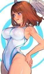 1girls 2d armpits artist_request blue_eyes brown_hair brunnete colored eunie_(xenoblade) female female_only hands_on_hips hi_res high_entia highleg_swimsuit highres large_breasts licking_lips light-skinned_female one-piece_swimsuit short_hair solo thick_thighs wings_on_head xenoblade_(series) xenoblade_chronicles_3