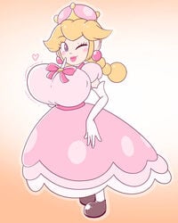 1girls blonde_hair breast_expansion breasts cute female female_only huge_breasts mario_(series) motion_lines new_super_mario_bros._u_deluxe nintendo peachette royaloppai solo solo_female toadette