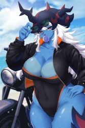 1girls 2020s 2024 2d 2d_(artwork) 4_fingers 5_fingers anthro anthro_female anthro_focus anthro_only anthrofied background beach belly belly_button big_breasts big_breasts big_breasts big_hips bike biker biker_clothes biker_girl blue_body blue_fur blurred_background blurry blurry_background boob_window breasts breasts breasts bubble_gum chewing chewing_gum cleavage cleavage_cutout clothed clothed_female clothes clothing color colored cropped cropped_legs curvy curvy_body curvy_female curvy_figure curvy_hips curvy_thighs day daylight daytime detailed_background eyelashes eyes eyes_open fanart female female female_anthro female_focus female_only fingers first_person_perspective first_person_view fur furry furry_breasts furry_female furry_only game_freak generation_8_pokemon girl glasses glasses_on_head hair half-dressed half_nude hips hisuian_samurott hisuian_zoroark holding_game_controller holding_object holding_penis horn horns hourglass_figure humanoid jacket long_hair long_hair_female looking_at_viewer mammal mammal_humanoid maru_mao_(artist) motorcycle neck nintendo no_dialogue no_humans no_panties no_pants no_text non-human nsfw open_jacket partially_clothed partially_clothed_female partially_nude partially_nude_female partially_undressed pokémon_(species) pokemon pokemon_(species) pokemon_legends:_arceus pov pov_eye_contact red_eyes regional_form_(pokémon) regional_form_(pokemon) revealing_clothes revealing_clothing revealing_outfit samurott sexually_suggestive shiny shiny_body shiny_clothes shiny_hair solo solo_focus spikes suggestive suggestive_look sunglasses sunglasses_on_head sunlight textless thick_thighs thighs video_game video_game_character video_game_franchise video_games voluptuous voluptuous_female white_hair wide_hips wide_thighs