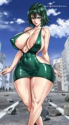 ai_generated big_breasts female fubuki_(one-punch_man) green_dress green_eyes green_hair hourglass_figure kactzzu one-punch_man slim_waist