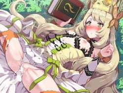 1girls :o after_sex after_vaginal bar_censor blonde_hair blush book boris_(noborhys) breasts breasts_out butterfly_hair_ornament celine_(fire_emblem) censored crown cum cum_in_pussy cum_on_body cum_on_clothes female fire_emblem fire_emblem_engage green_eyes hair_ornament highres holding holding_book long_hair nintendo nipples outdoors sitting small_breasts spread_legs thighhighs thighs torn_clothes very_long_hair