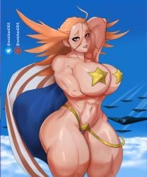 1girls abs american_flag artist_name blonde_hair boku_no_hero_academia cameltoe cape cathleen_bate female_focus holding_breast huge_ass huge_breasts huge_thighs muscular_female my_hero_academia onichandd5 pasties pussy solo solo_female spiky_hair star_and_stripe_(boku_no_hero_academia) star_and_stripe_(my_hero_academia) thong