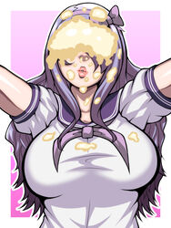 1girls alternate_costume bow camilla_(fire_emblem) closed_eyes fire_emblem fire_emblem_fates food food_on_body hair_over_one_eye hug inabakun00 incoming_hug incoming_kiss kissing large_breasts lips long_hair nintendo purple_hair school_uniform schoolgirl smile solo thick_lips