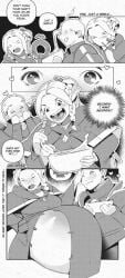 1boy 1girls belly bloated_belly comic delicious_in_dungeon dungeon_meshi female food_inflation huge_belly laios_touden male marcille_donato precioustimespent round_belly speech_bubble