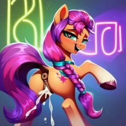 ai_generated cum cum_in_pussy cum_leaking equine equine_genitalia equine_pussy hasbro looking_at_viewer looking_back mlp_g5 my_little_pony sunny_starscout_(mlp) viewed_from_behind