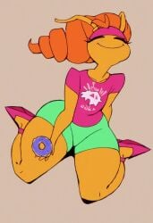 ai_generated antennae badaiartist donut eating eating_donut fat_ass flat_chest happy headband huge_ass orange_hair smile smiling sports_bra sports_shorts sportswear thick_thighs ula_(joel_g) wide_hips yellow_skin yoga_shorts