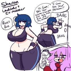 bare_midriff big_breasts blue_hair bottom_heavy cleavage english_text gensin nipple_bulge original original_character speech_bubble tagme text thick thick_thighs