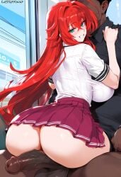 ai_generated black_penis dark-skinned_male dark_penis dark_skin flamingpassion high_school_dxd horny_female horny_male interracial long_hair red_eyes red_hair rias_gremory school_uniform skirt train train_interior