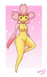 anthro breasts cherrim fan_character female hambor12 hi_res humanoid multicolored_body nintendo nipples pokémon_(species) pokemon simple_background smile solo two_tone_body video_games yellow_body