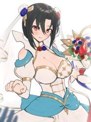 1other absurdres alear_(fire_emblem) alternate_costume black_hair blue_dress bouquet breasts bridal_veil bride cleavage clothing_cutout dress female female_focus fire_emblem fire_emblem_engage fire_emblem_heroes gloves gonzarez hair_between_eyes hair_ornament highres jewelry long_sleeves nel_(fire_emblem) nel_(stoic_bride)_(fire_emblem) nintendo official_alternate_costume red_eyes shoulder_cutout solo_focus strapless strapless_dress two-tone_dress veil wedding_dress white_dress