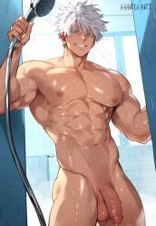 1boy abs ai_generated alpha_male bathroom blonde_hair cocky_smile completely_nude flaccid haruartx jujutsu_kaisen looking_at_viewer looking_down looking_down_at_viewer low-angle_view male male_only muscular muscular_male navel nipples penis satoru_gojo short_hair showering smile solo testicles