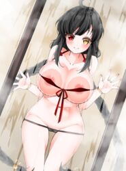 :) against_glass ahoge ara_haan areola_slip black_hair black_panties breasts_on_glass elsword female front_view heterochromia inguinal_crease long_hair lowleg_panties panties pink_areola red_eyes see-through_panties smile smiling solo subtle_pussy thigh_gap yellow_eyes