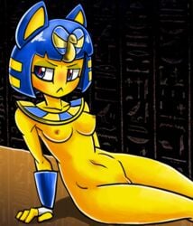 4_fingers absurd_res animal_crossing animal_humanoid ankha anthro blue_hair breasts cat_humanoid cleft_of_venus clothing felid felid_humanoid feline feline_humanoid female fingerless_gloves fingers genitals gloves hair handwear hi_res hieroglyphics humanoid kaizooki looking_aside mammal mammal_humanoid navel nintendo nipples prick_ears pussy solo uraeus video_games yellow_body yellow_inner_ear