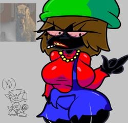 angry_face bambi_(moldygh) big_breasts blue_overalls boyfriend_(friday_night_funkin) breasts brown_hair dark-skinned_female dark_skin dave_and_bambi_mod friday_night_funkin green_hat middle_finger nigby_(mmll) red_top thick_thighs yellow_neckwear