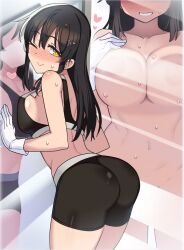 against_mirror ass bare_shoulders belly_button bike_shorts black_bike_shorts black_bra black_hair blush breast_press censored_nipples convenient_censoring gloves hairclip kantai_collection large_breasts long_hair mirror naughty_face nude one_eye_closed oyashio_(kantai_collection) smile sports_bra sweat taketora_suzume two_tone_bra white_gloves yellow_eyes