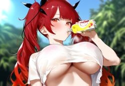 ai_generated azur_lane big_breasts bottle drink drinking forest gym_uniform hair_ribbon honolulu_(azur_lane) huge_breasts large_breasts looking_at_viewer red_eyes red_hair sports_bra sports_shorts sports_uniform sportswear steam sweat twintails underboob