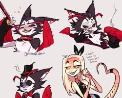 anthro blush flirting hazbin_hotel heart husk_(hazbin_hotel) joltikon leash leash_pull oc red_wings tail wings