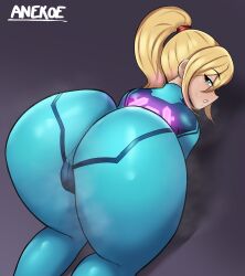 1girls anekoe98 ass blonde_hair blue_eyes breasts dat_ass female hi_res hips huge_ass light-skinned_female light_skin long_hair metroid nintendo ponytail samus_aran simple_background thick_thighs thighs wide_hips