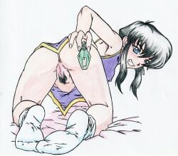 1990s_(style) :d all_fours anus ass ass_grab bed_sheet black_hair blue_eyes blush bottomless come_hither commission commissioner_upload covered_nipples female female_pubic_hair fire_emblem fire_emblem:_genealogy_of_the_holy_war from_behind grabbing_own_ass highres larcei_(fire_emblem) legs looking_at_viewer looking_back no_panties on_bed open_mouth potion presenting pubic_hair purple_tunic pussy retro_artstyle short_hair sidelocks smile socks solo thighs thleleu59 tomboy traditional_media tunic white_background