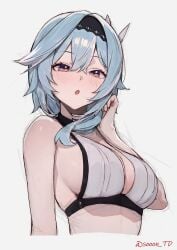 1girls :o absurd_res absurdres adult bare_arms bare_midriff bare_shoulders bare_skin belly bikini bikini_only bikini_top black_hairband blue_hair blue_hair_female blush blush_lines blushing_female breasts cleavage dot_nose eula_(genshin_impact) female female_focus female_only fingers genshin_impact hair_between_eyes hairband high_resolution highres light-skinned_female light_skin looking_at_viewer medium_breasts medium_hair open_mouth purple_eyes purple_eyes_female shoulders sideboob simple_background solo sooon swimsuit swimwear underboob upper_body white_background white_bikini white_bikini_top white_swimsuit white_swimwear