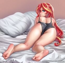 1girls 2022 alternate_version_available aqua_eyes ass ass bed black_clothing clothed clothed_female equestria_girls female light-skinned_female long_hair looking_at_viewer looking_back looking_back_at_viewer looking_over_shoulder patreon patreon_url patreon_username pillows racoonkun solo sunset_shimmer thighs twitter_link two_tone_hair