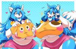 1girls 4:3 absurd_res accessory alaskan_malamute amber_eyes anthro areolae baniflakes bent_over big_breasts blue_body blue_fur blue_hair blue_nose blush breasts breasts_bigger_than_head canid canine character_request clothing crop_top digital_media_(artwork) domestic_dog english_text eyebrows_visible_through_hair eyelashes female female_focus female_only flushed_emoji_shirt fur furry heart hi_res huge_breasts inner_ear_fluff jewelry looking_at_viewer mammal meme meme_attire meme_clothing motion_lines nipples open_mouth original posing raised_tail solo tagme thick_thighs three-quarter_portrait v_sign voluptuous yellow_eyes
