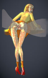 1girls anus artist_request ass baymax big_hero_6 clitoris clothing disney female glasses green_eyes high_heels honey_lemon lips looking_back marvel orange_hair pussy solo spread_pussy torn_clothes