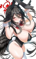 1girls black_hair black_wings blue_archive blush bouncing_breasts breasts bunny_ears bunny_girl bunny_pose bunnysuit embarrassed hair hasumi_(blue_archive) high-angle_view huge_breasts justice_task_force_(blue_archive) light-skinned_male light_skin long_breasts long_hair red_eyes thick_thighs thighhighs trinity_general_school_student wide_hips wings wrist_cuffs