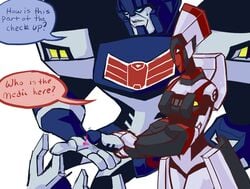 alien alien_girl blue_eyes erect_penis erection handjob machine masturbating nurse penis precum red_alert red_alert_(femme) robot robot_girl size_difference text transformers transformers_animated ultra_magnus