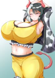 1girls animal_ears armpits big_breasts black_hair breasts cleavage clothed_female cow_ears cow_girl cow_print dollyspica gradient_background hips horns light-skinned_female mature_female multicolored_hair one_eye_closed red_eyes red_horns solo solo_female tail thick_thighs thighs touhou urumi_ushizaki white_hair