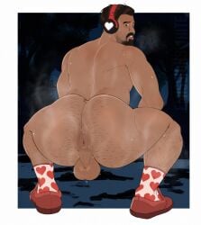 1boy anus ass ass_focus balls big_ass big_butt body_hair butt_focus commission dead_by_daylight emissionswhite facial_hair forest_background gay hairy_ass hairy_butt hairy_legs headphones heart_pattern jonah_vasquez looking_back male male_only muscular muscular_male musk musk_clouds scared_expression shoes socks sweat sweating