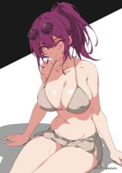 bare_arms bare_shoulders bikini bikini_skirt breasts eyewear_on_head female gloves hi_res highres honkai:_star_rail honkai_(series) kafka_(honkai:_star_rail) kili_kilio large_breasts long_hair looking_at_viewer navel purple_eyes purple_hair round_eyewear shiny_skin sitting smile solo sunglasses swimsuit thighs twitter_username wet