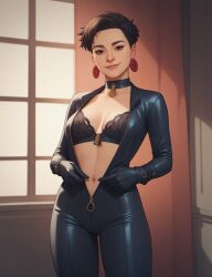 ai_generated bra catsuit choker jubilation_lee jubilee latex lingerie looking_at_viewer marvel marvel_comics mutant_(marvel) removing_clothing smile stable_diffusion synth_canvas tagme unzipped unzipped_bodysuit x-men x-men_97