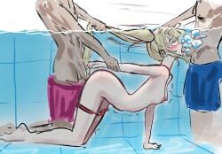 1girls 2boys all_fours arm_grab arm_pull arm_pull_doggy_style barefoot breath_play choking_on_cock drowning eyes_open feet fellatio hair_grab hair_pull marima666_(artist) oral oral_sex panties_down spitroast tagme underwater underwear water