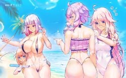 4girls :o ^^^ blush character_request copyright_request flying_sweatdrops huge_ass huge_breasts multiple_girls nail_polish one-piece_swimsuit painted_nails slingshot_swimsuit smile songjiangcc summer suprised thick_thighs towel vocaloid water_gun wide_hips wiping_sweat yuzuki_yukari