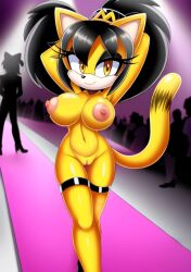 1girls ai_generated anthro black_hair breasts feline female honey_the_cat looking_at_viewer mobians.ai nude pussy smile solo sonic_(series) sonic_the_fighters yellow_eyes