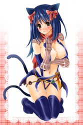 alternate_color animal_ears areolae arm_under_breasts assassin_cross_(ragnarok_online) bangs blue_cape blue_gloves blue_hair blue_legwear blue_leotard blush bow breasts brown_eyes bukkake cape cat_ears commentary_request covered_nipples cum cum_on_body cum_on_breasts elbow_gloves eyebrows_visible_through_hair facial female fingerless_gloves full_body gloves hair_between_eyes hairbow kainohito large_breasts leotard long_hair looking_to_the_side navel open_mouth partially_fingerless_gloves plaid plaid_background ragnarok_online red_bow red_scarf scarf solo thighhighs torn_cape torn_clothes torn_scarf waist_cape white_background